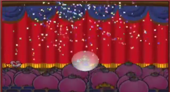 Figure 13: Mario levels up on the battle stage, in a spotlight showered in confetti as the audience of pink Bob-Ombs jumps in approval.