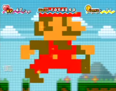 Figure 17: The effects of the "Mega Star"—Mario becomes a colossal, pixellated version of his NES/Famicom self and rampages through the landscape.