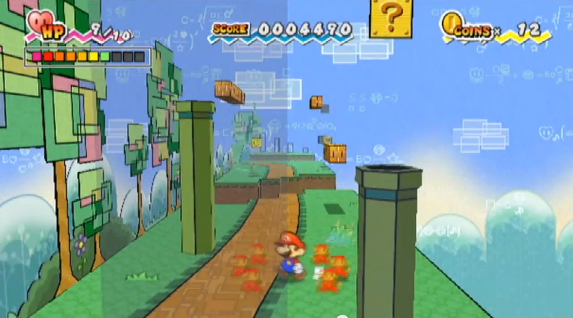 Figure 19: The same scene from Super Paper Mario in 3D mode—turning the world to its side reveals a path between the warp pipes.