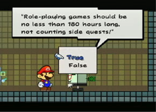 Figure 24: Mario in Super Paper Mario participating in a "quiz" about video games.