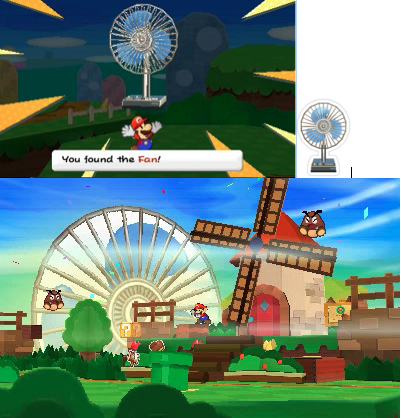 Figure 26: Mario finds the Electric Fan, makes it into a sticker, and later places it (now massive) into the landscape.