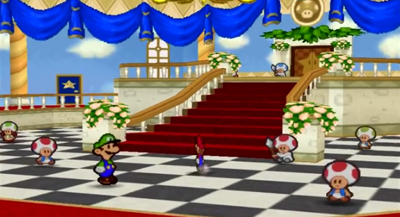 Figure 4: A scene from Paper Mario on the Nintendo 64, showing flat sprites in 3D environments. In the middle, Mario is in the midst of spinning around, revealing to the player the sight gag of his paper-thinness.
