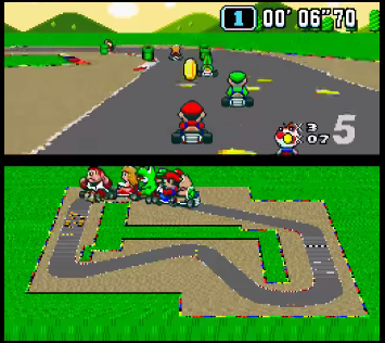 Figure 3: Super Mario Kart for the Super Famicom/SNES, with the flat sprites and "3D" background characteristic of Mode 7 graphics.